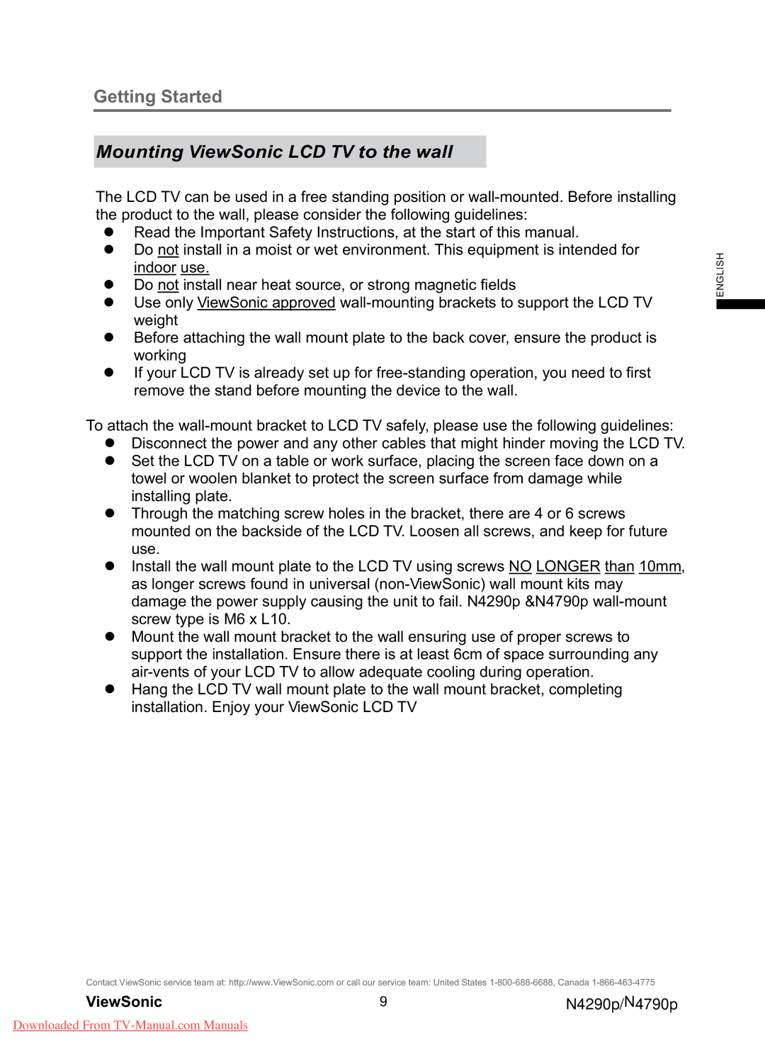 ViewSonic N4290p, N4790P warranty Mounting ViewSonic LCD TV to the wall 
