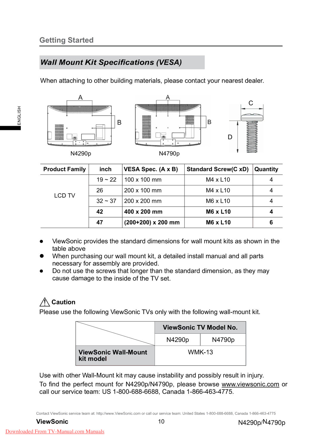 ViewSonic N4790P warranty Wall Mount Kit Speciﬁcations Vesa, N4290p N4790p ViewSonic Wall-Mount, Kit model 