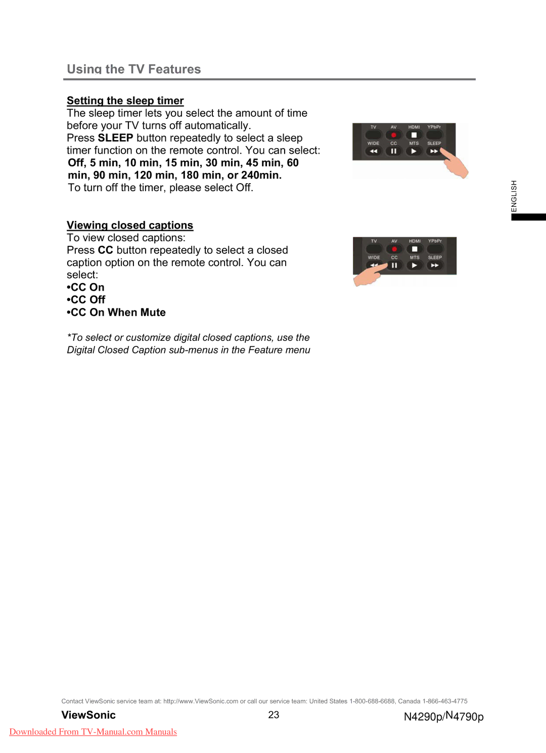 ViewSonic N4290p, N4790P warranty Setting the sleep timer, Viewing closed captions, CC On CC Off CC On When Mute 