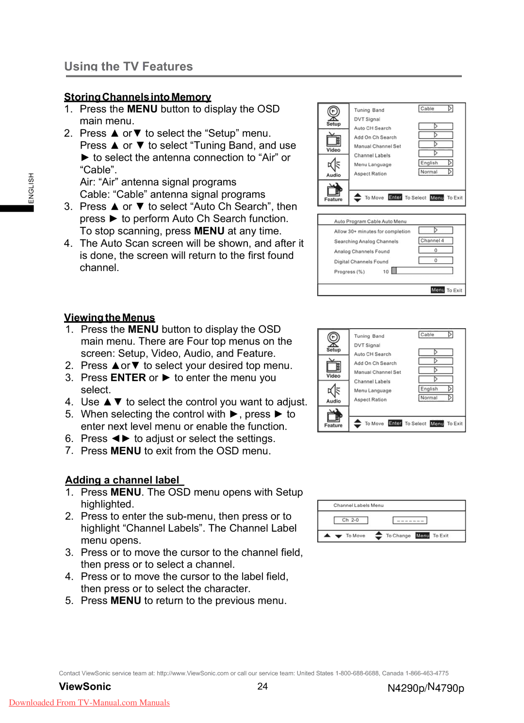 ViewSonic N4790P, N4290p warranty StoringChannelsintoMemory, Viewing theMenus, Adding a channel label 