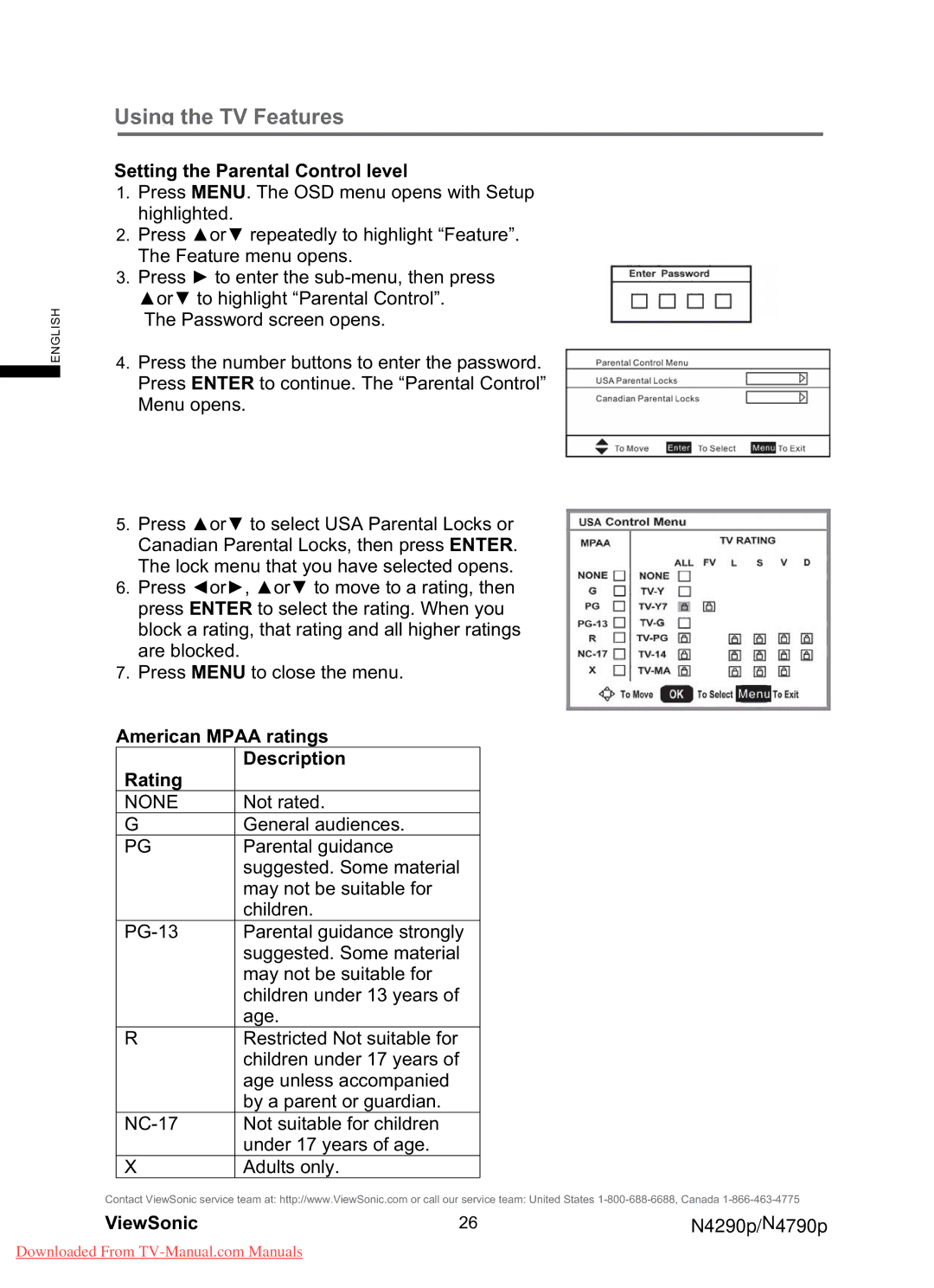 ViewSonic N4790P, N4290p warranty Setting the Parental Control level, American Mpaa ratings Rating Description 