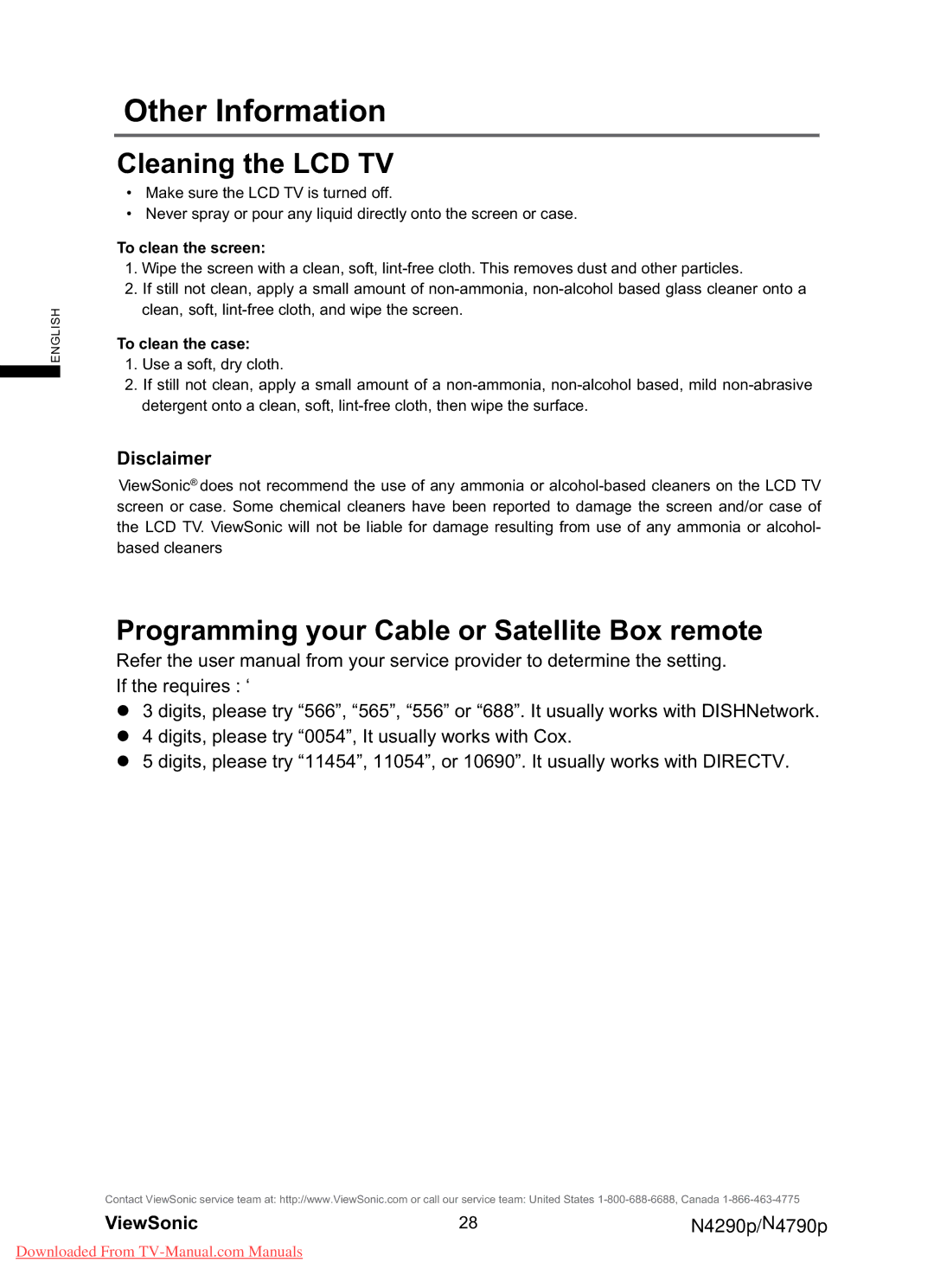 ViewSonic N4790P, N4290p warranty Cleaning the LCD TV, Programming your Cable or Satellite Box remote, Disclaimer 