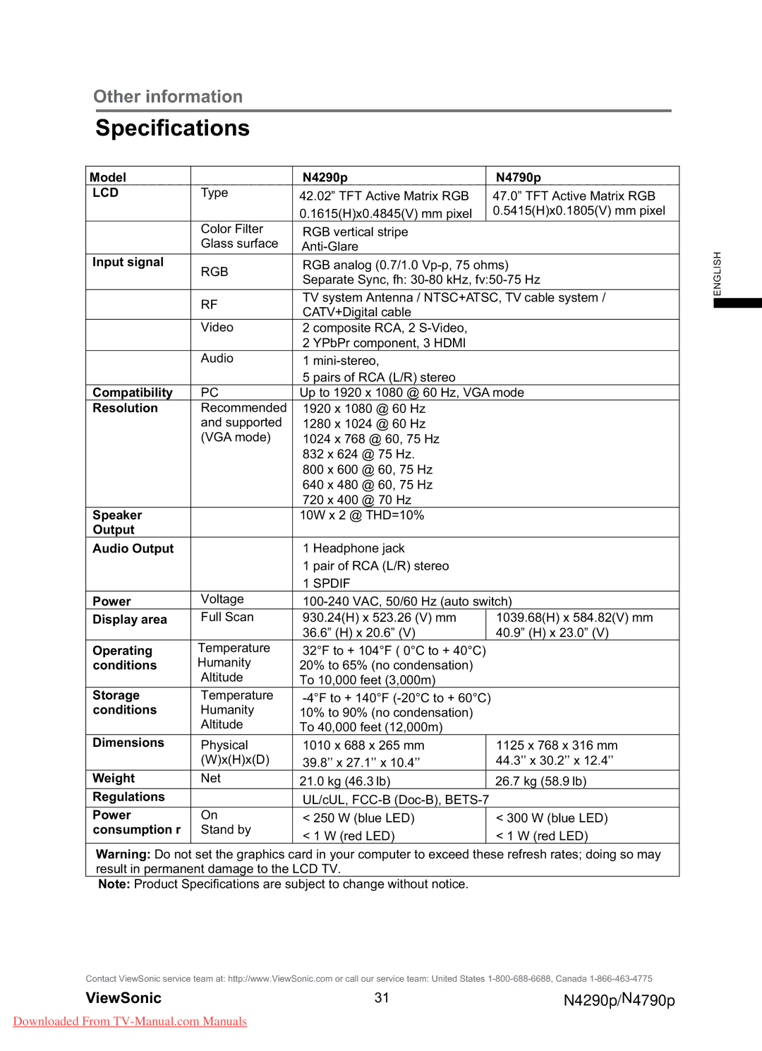 ViewSonic N4290p, N4790P warranty Speciﬁcations, Lcd 