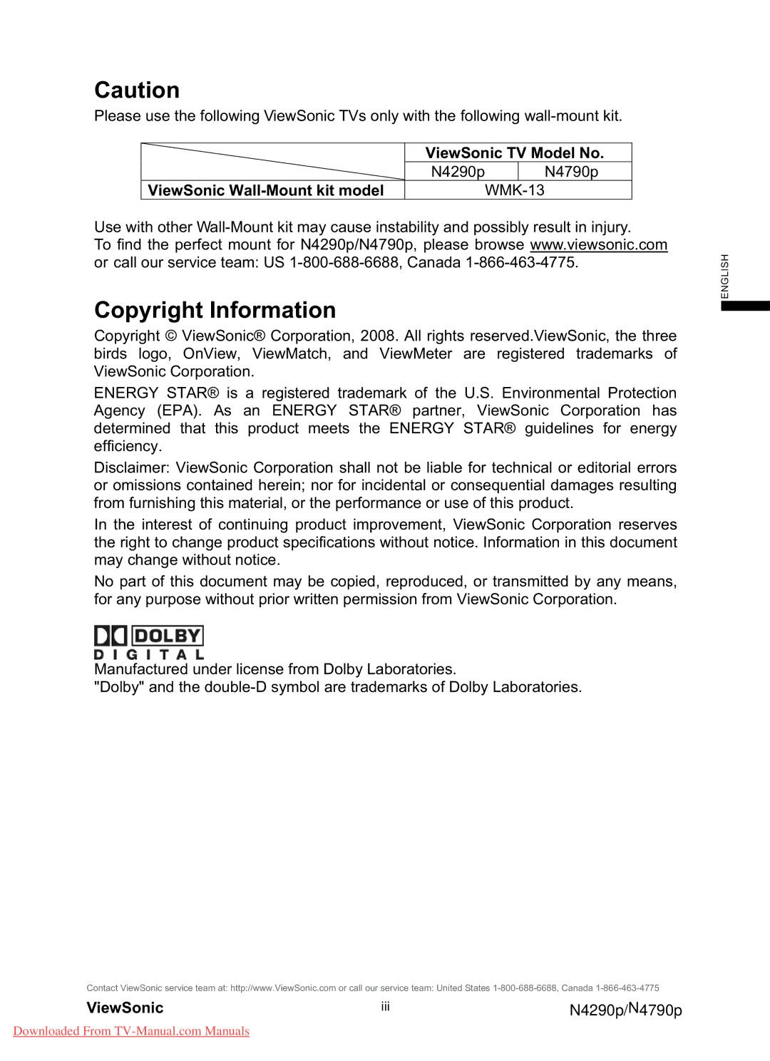 ViewSonic N4290p, N4790P warranty Copyright Information, N4790p, ViewSonic Wall-Mount kit model WMK-13 