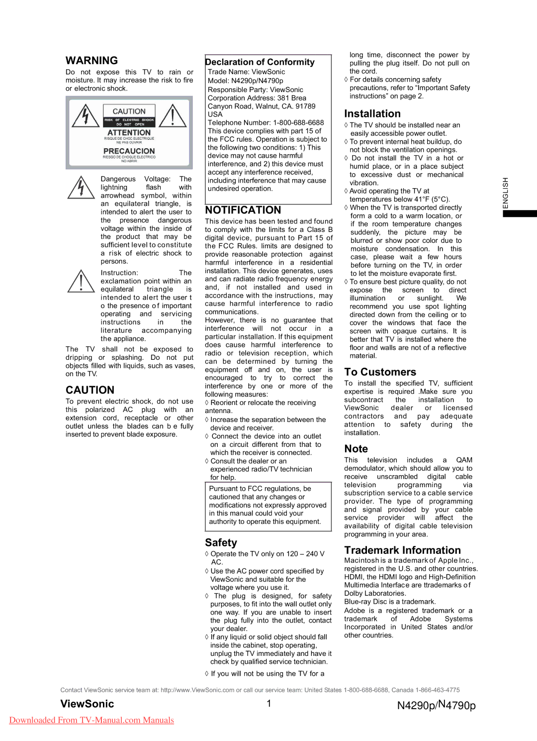 ViewSonic N4290p, N4790P warranty Notification, Installation, To Customers, Safety, Trademark Information 