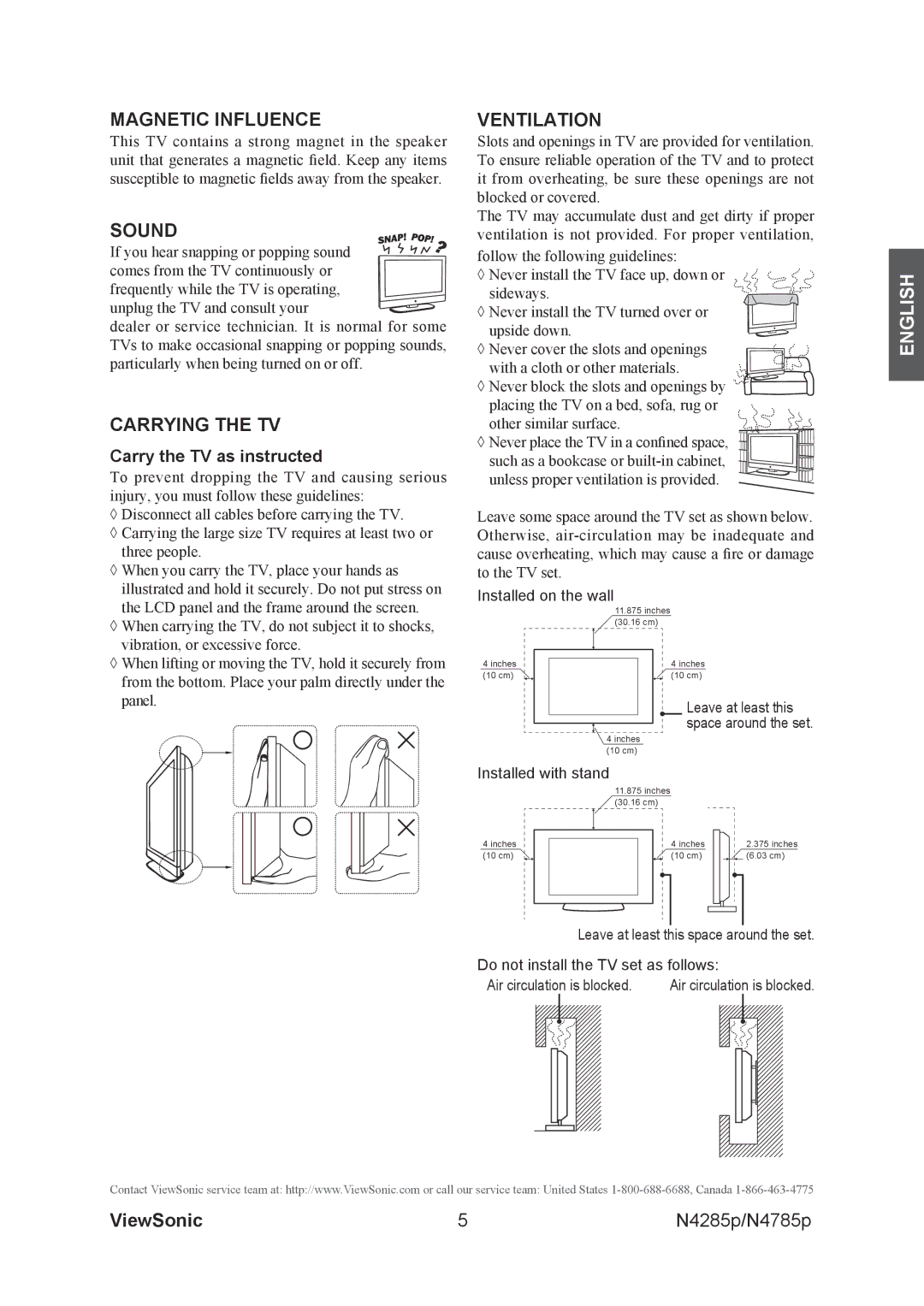 ViewSonic N4785P, N4285p warranty Magnetic Influence, Sound, Carrying the TV, Ventilation, Carry the TV as instructed 