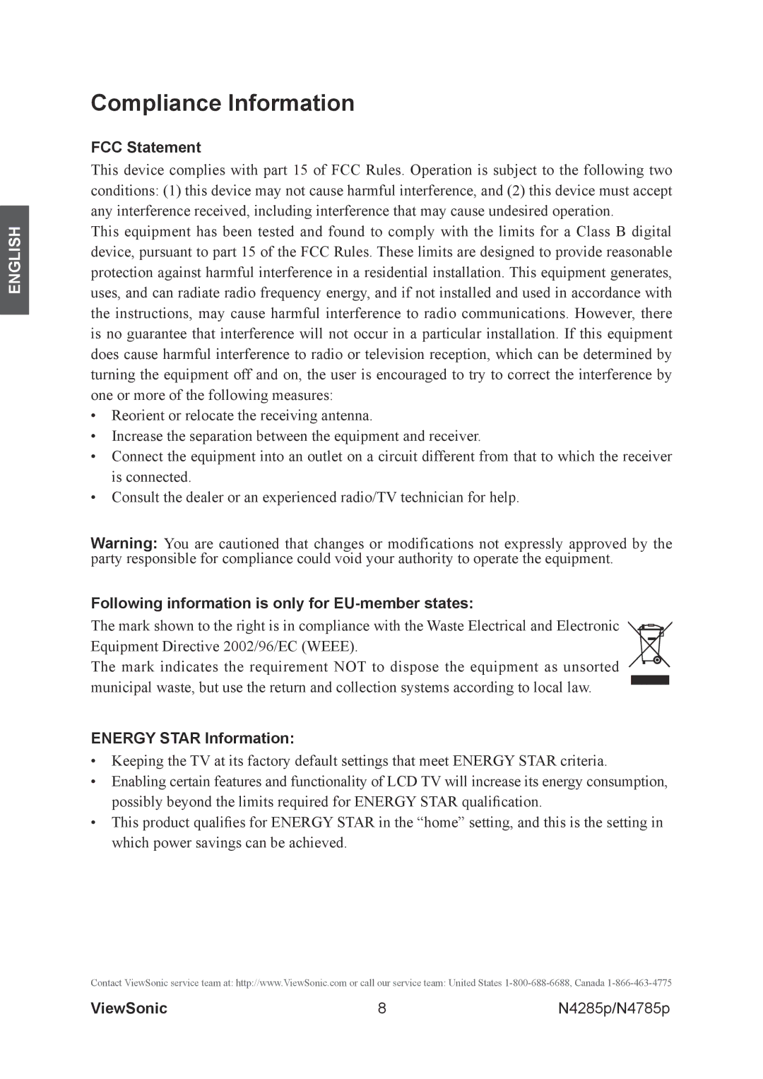 ViewSonic N4285p, N4785P warranty Compliance Information, FCC Statement, Following information is only for EU-member states 