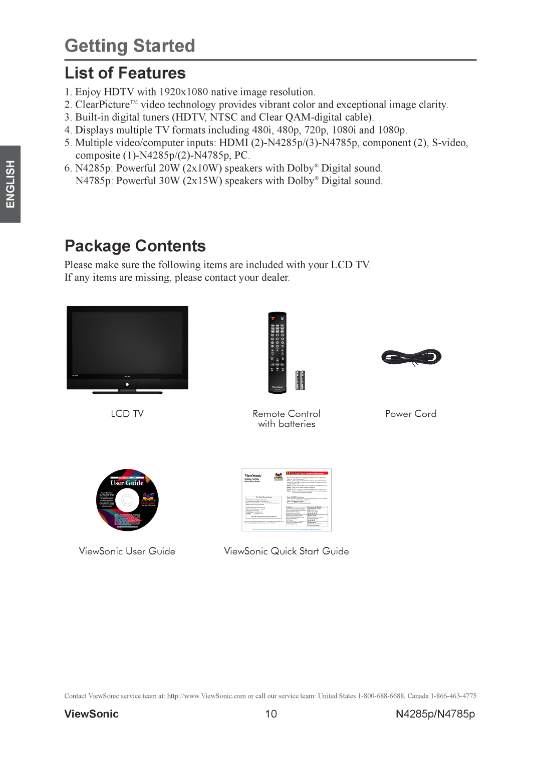 ViewSonic N4285p, N4785P warranty List of Features, Package Contents 