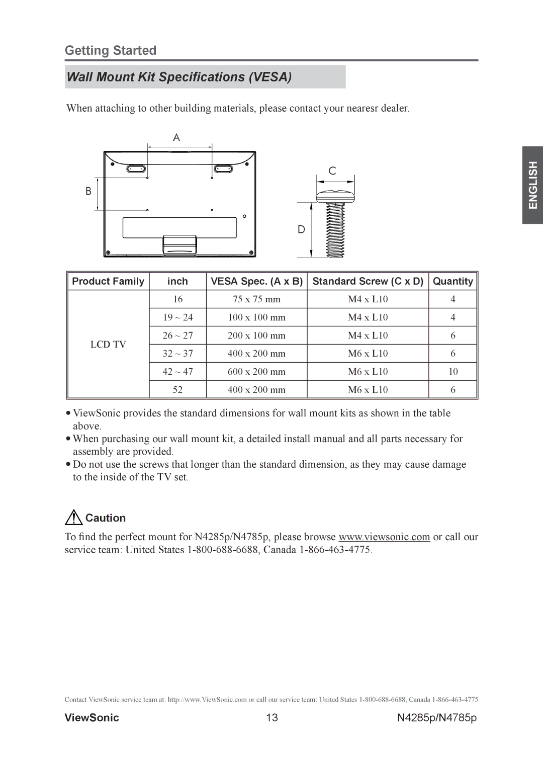 ViewSonic N4785P, N4285p warranty Wall Mount Kit Specifications Vesa 