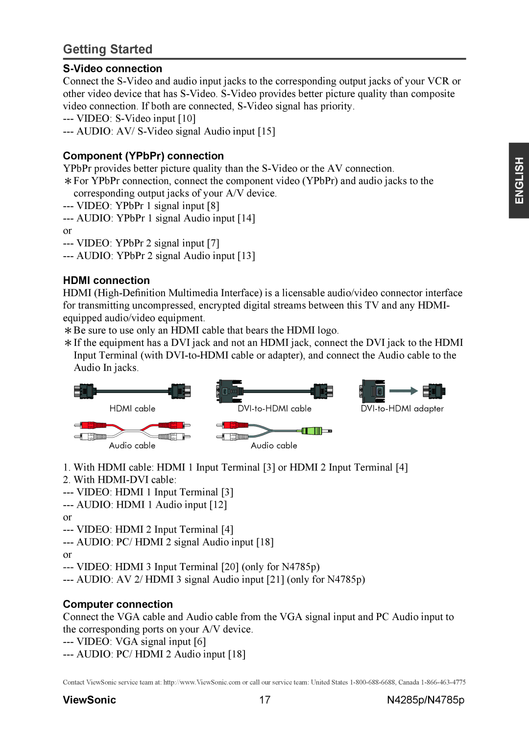 ViewSonic N4785P, N4285p warranty Video connection, Component YPbPr connection, Hdmi connection, Computer connection 