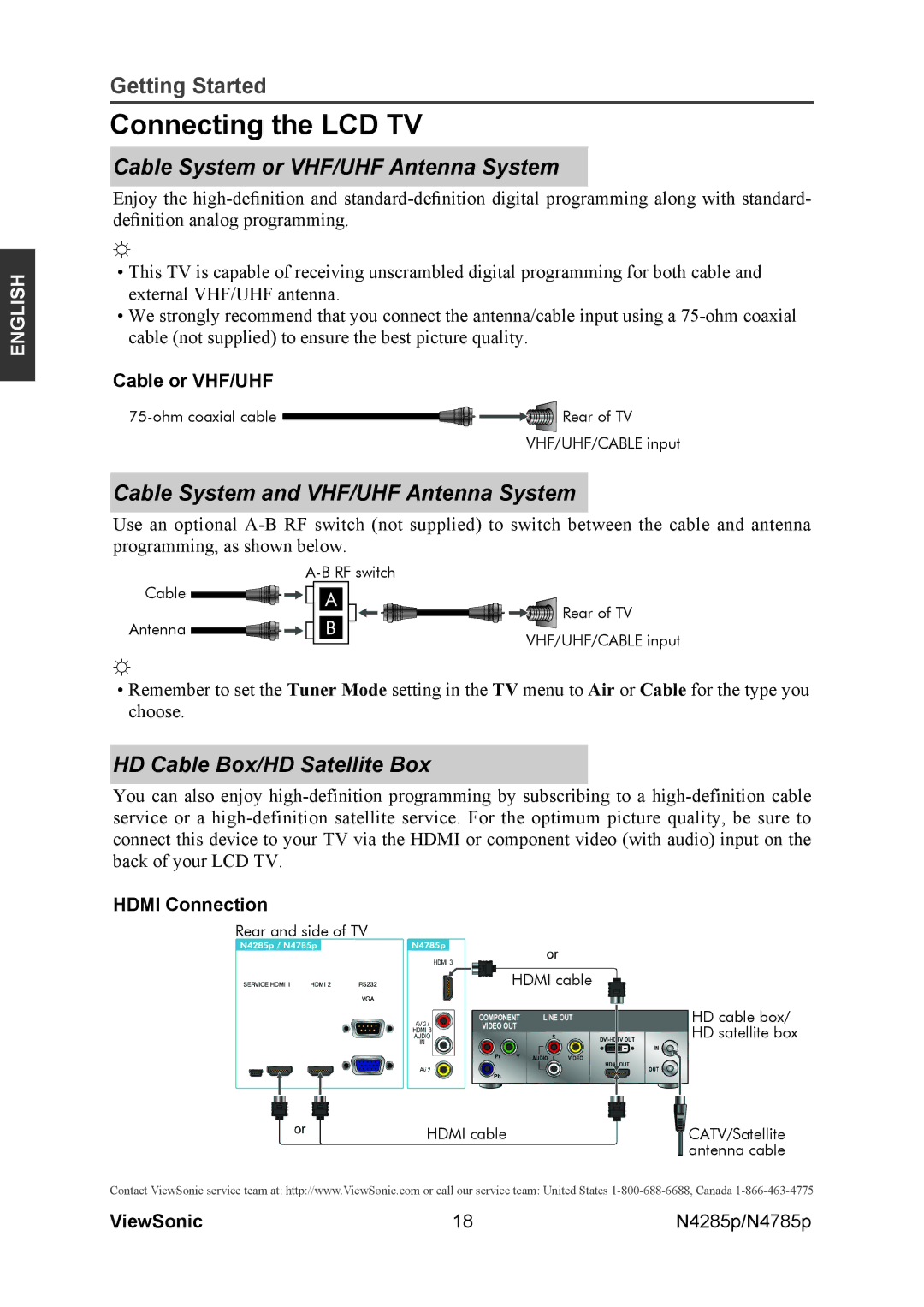 ViewSonic N4285p Connecting the LCD TV, Cable System or VHF/UHF Antenna System, Cable System and VHF/UHF Antenna System 