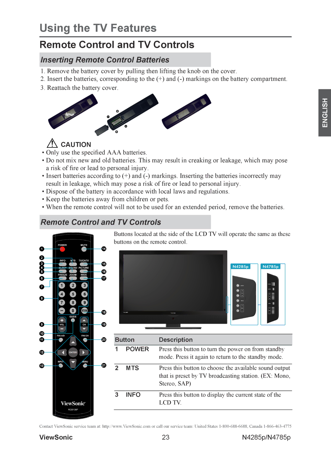 ViewSonic N4785P, N4285p warranty Remote Control and TV Controls, Inserting Remote Control Batteries, Button Description 