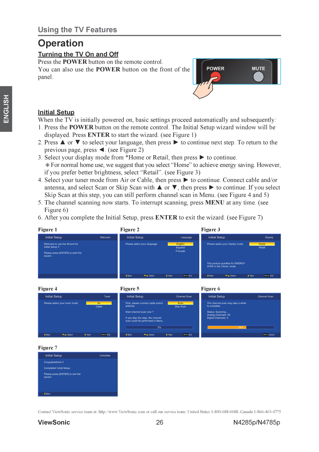 ViewSonic N4285p, N4785P warranty Operation, Turning the TV On and Off, Initial Setup 