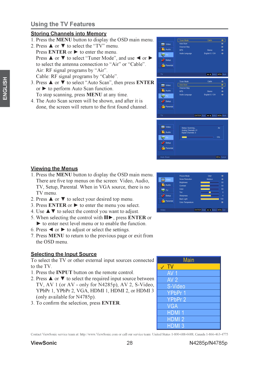 ViewSonic N4285p, N4785P warranty Storing Channels into Memory, Viewing the Menus, Selecting the Input Source 