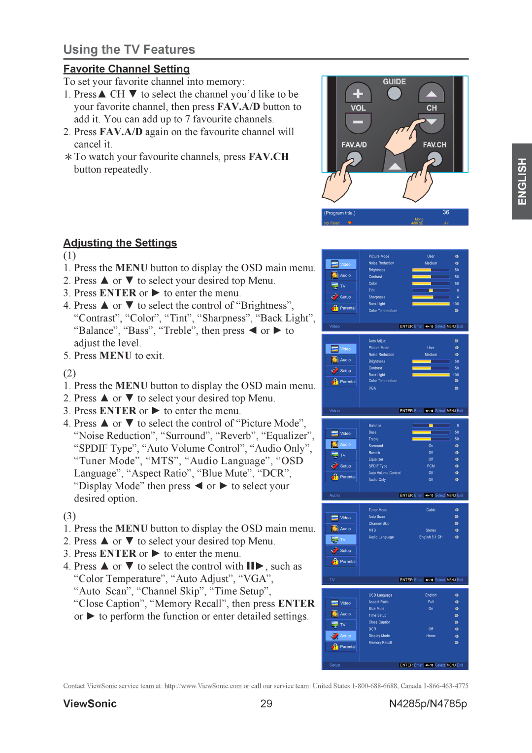 ViewSonic N4785P, N4285p warranty Favorite Channel Setting, Adjusting the Settings 