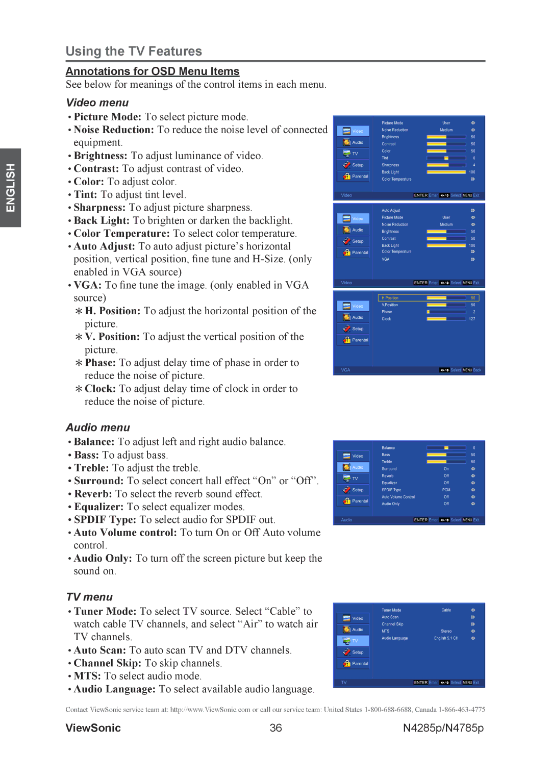 ViewSonic N4285p, N4785P warranty Annotations for OSD Menu Items, Video menu 