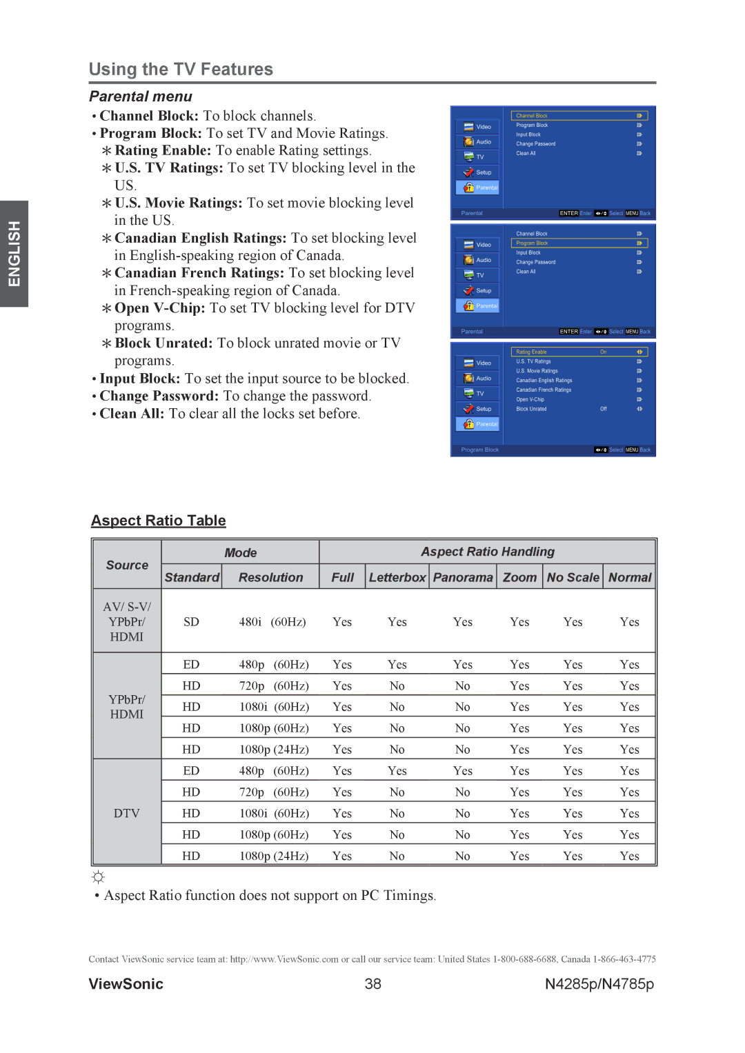 ViewSonic N4285p, N4785P warranty Parental menu, Aspect Ratio Table 