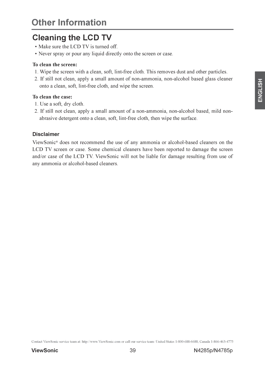 ViewSonic N4785P, N4285p warranty Cleaning the LCD TV, To clean the screen, To clean the case, Disclaimer 