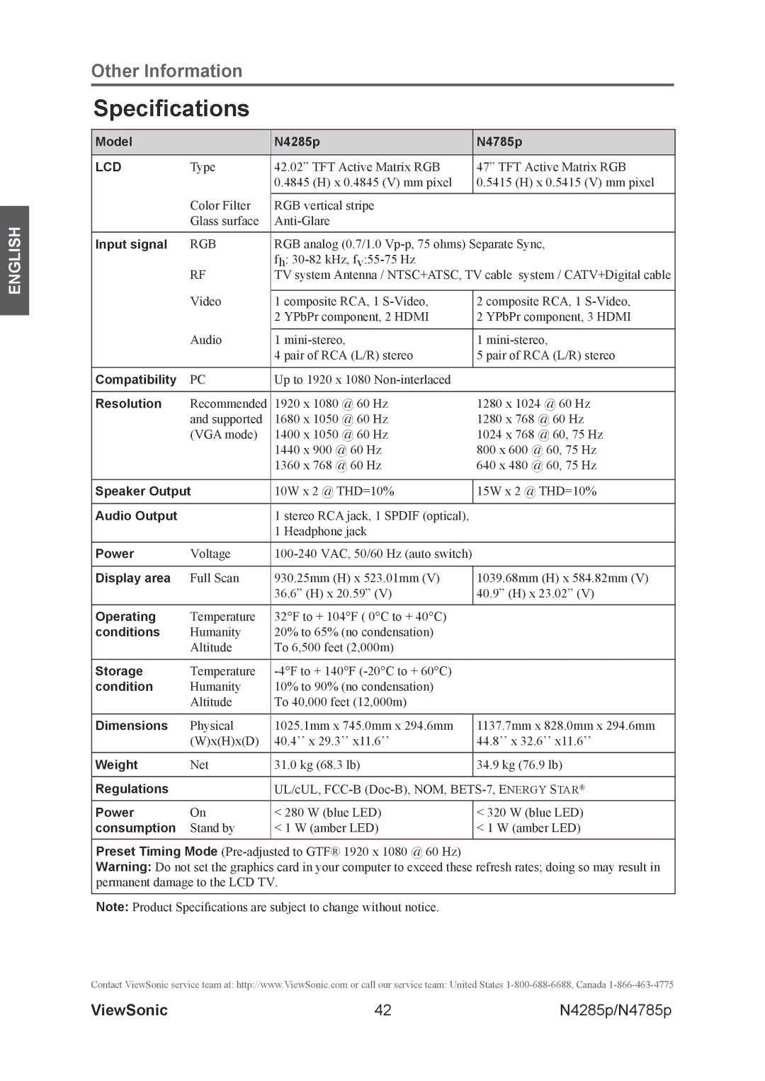 ViewSonic N4285p, N4785P warranty Specifications, Lcd 