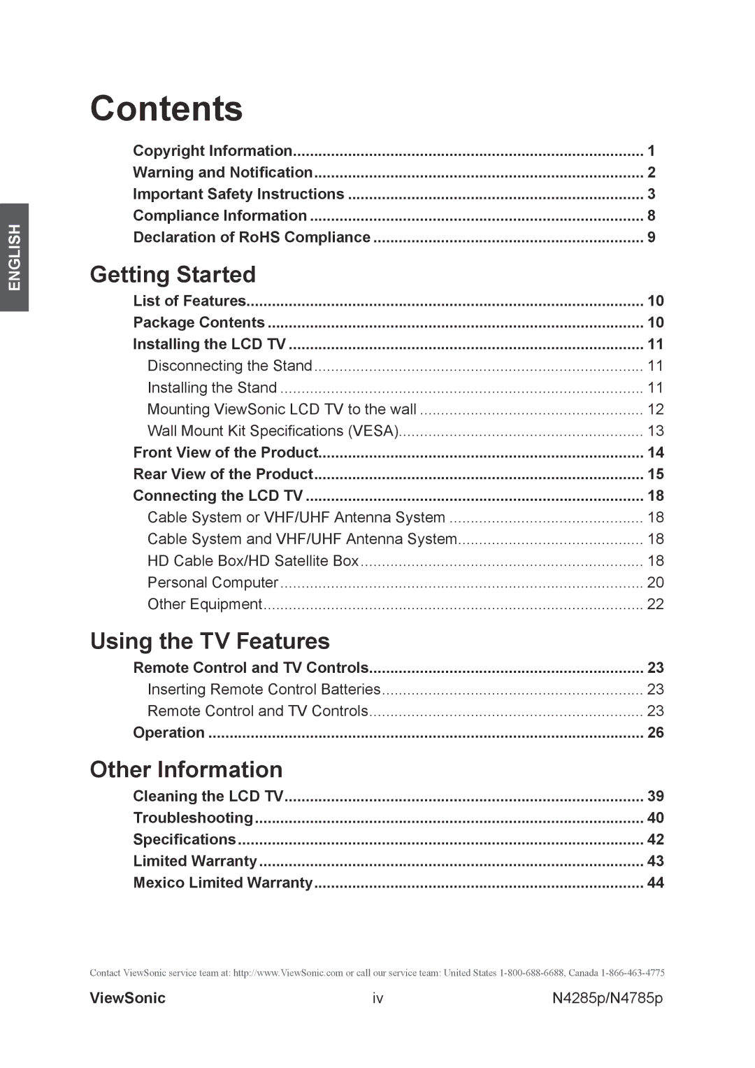 ViewSonic N4285p, N4785P warranty Contents 