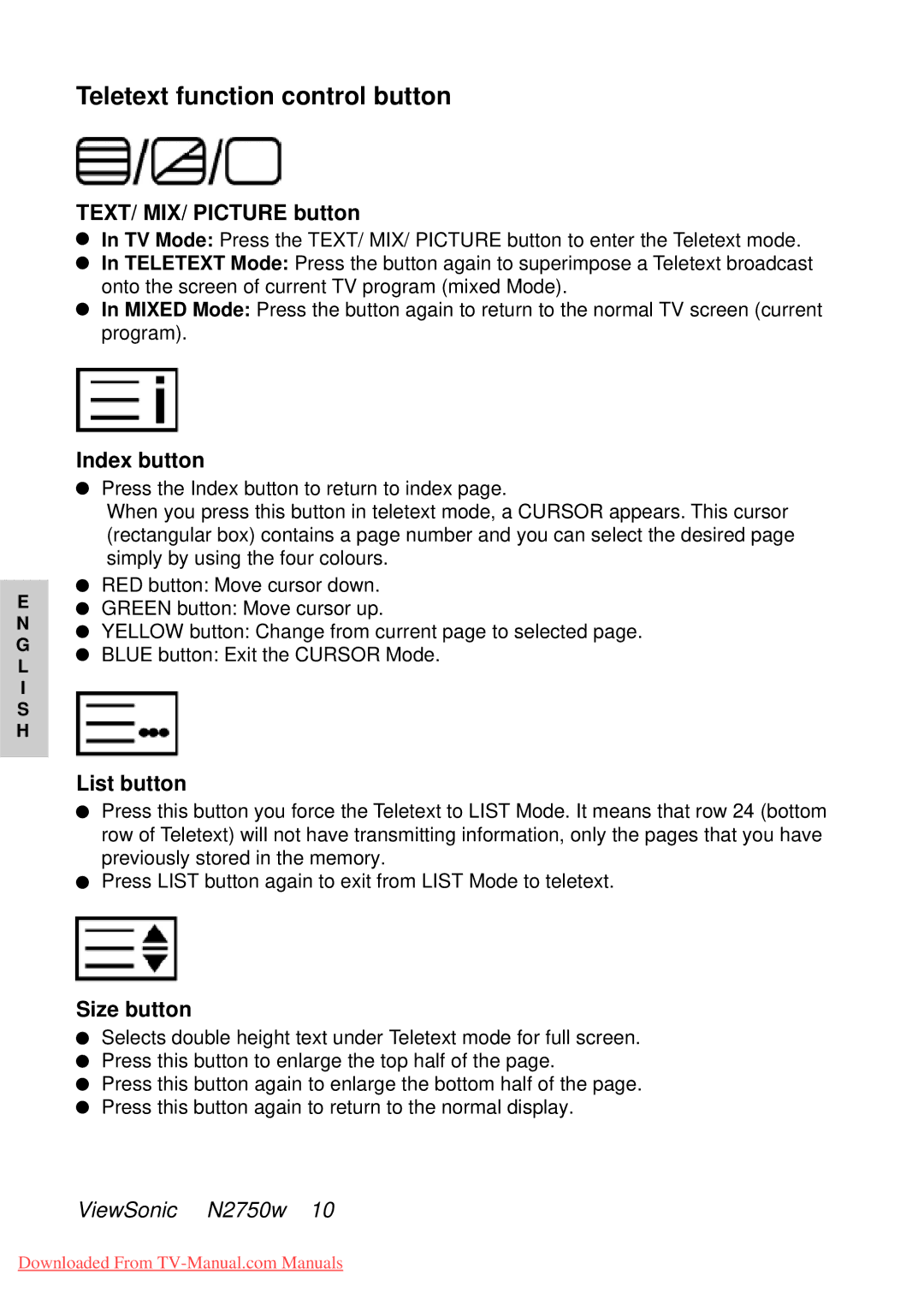 ViewSonic NB2750w manual TEXT/ MIX/ Picture button, Index button, List button, Size button 