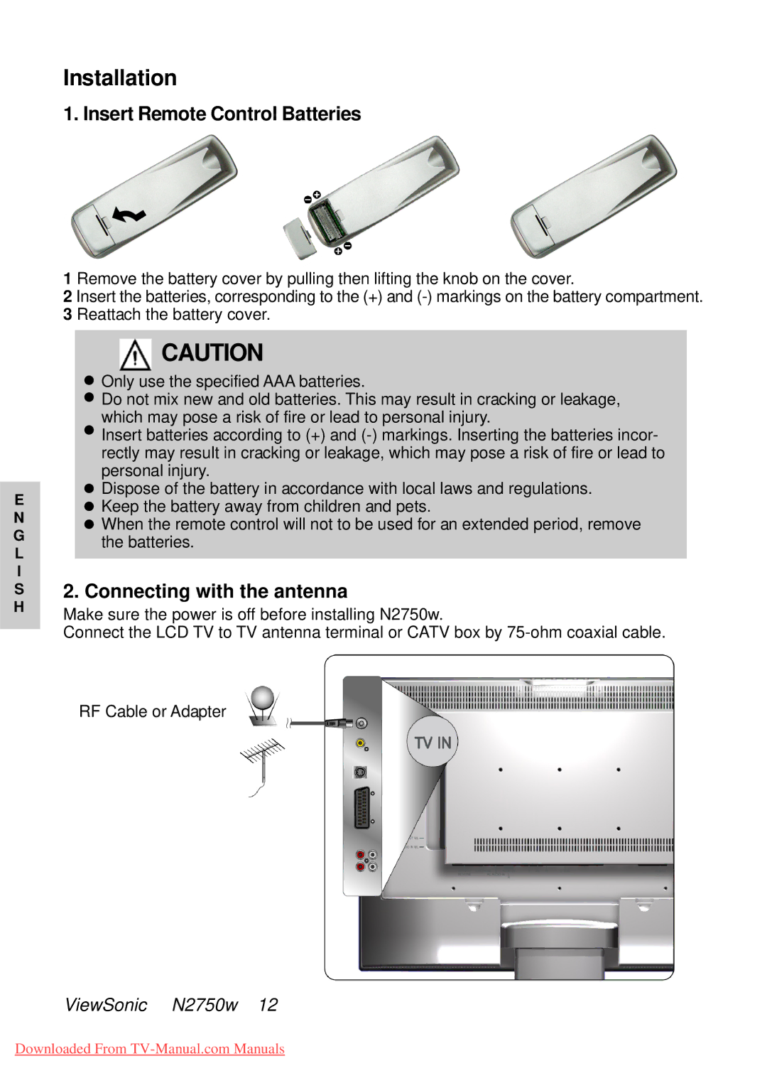 ViewSonic NB2750w manual Installation, Insert Remote Control Batteries, Connecting with the antenna 