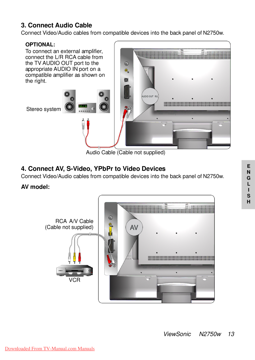 ViewSonic NB2750w manual Connect Audio Cable, Connect AV, S-Video, YPbPr to Video Devices, AV model, Optional 