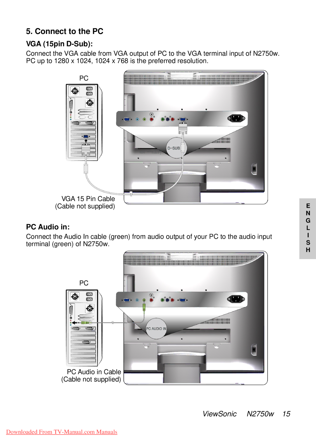 ViewSonic NB2750w manual Connect to the PC, VGA 15pin D-Sub, PC Audio, VGA 15 Pin Cable Cable not supplied 