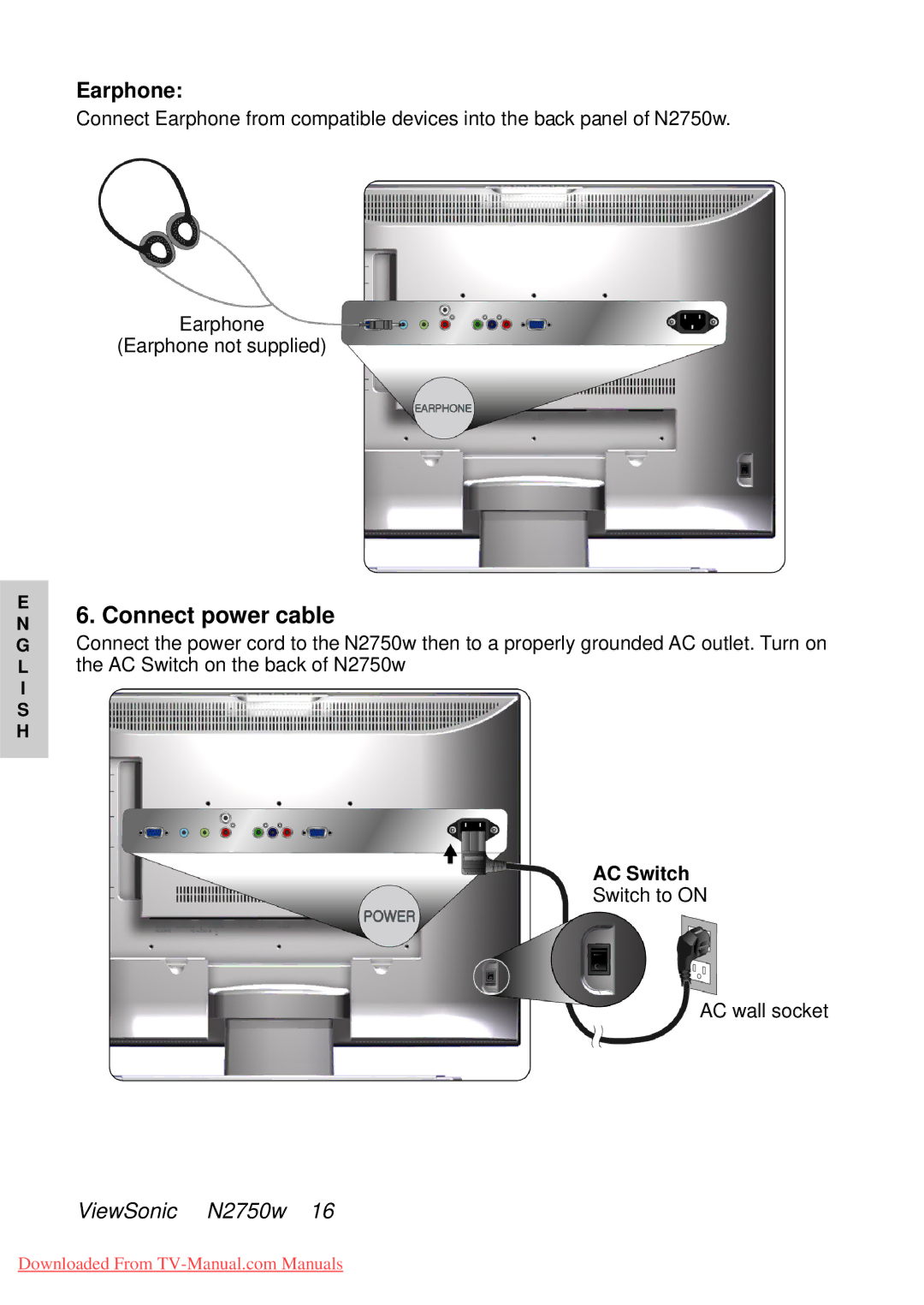 ViewSonic NB2750w manual Connect power cable, Earphone, AC Switch 