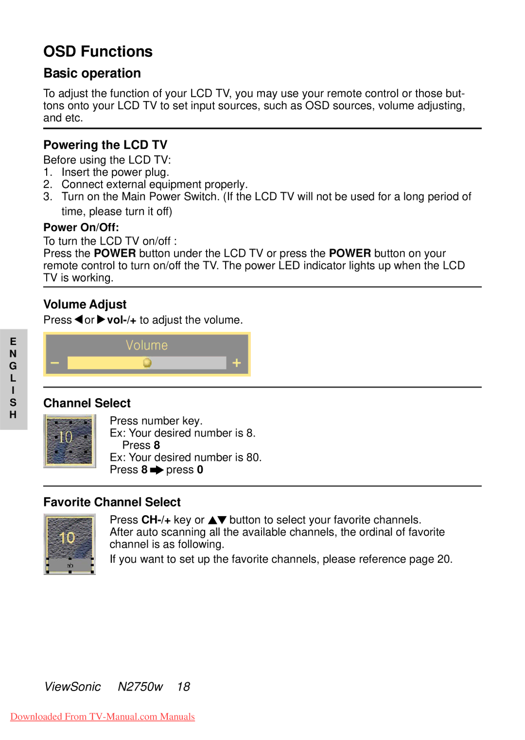 ViewSonic NB2750w manual Basic operation, Powering the LCD TV, Volume Adjust, Favorite Channel Select 