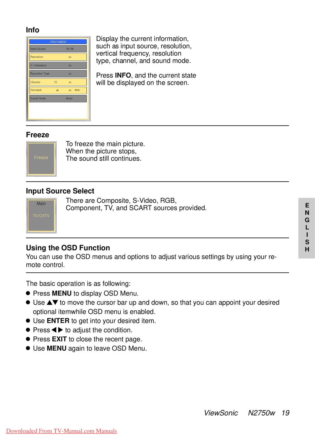 ViewSonic NB2750w manual Info, Freeze, Input Source Select, Using the OSD Function 
