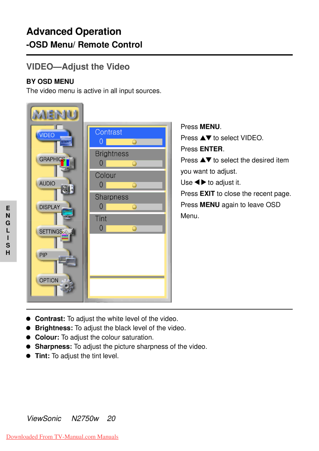 ViewSonic NB2750w manual VIDEO-Adjust the Video, By OSD Menu 