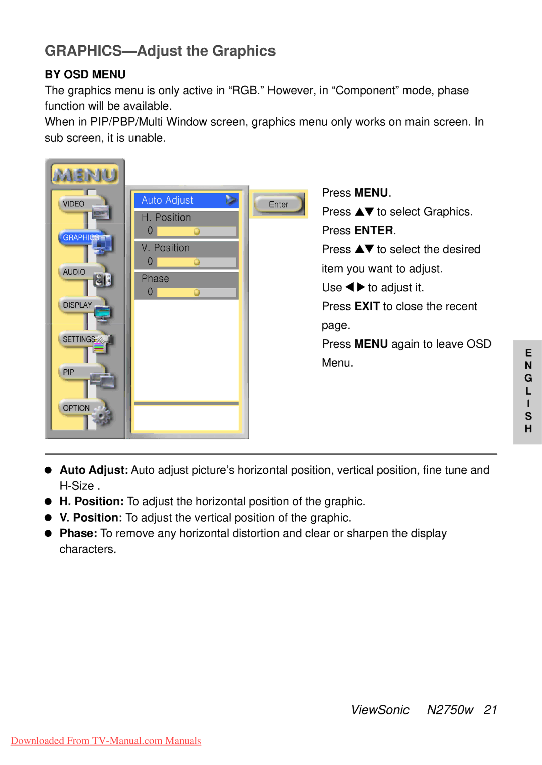 ViewSonic NB2750w manual GRAPHICS-Adjust the Graphics 