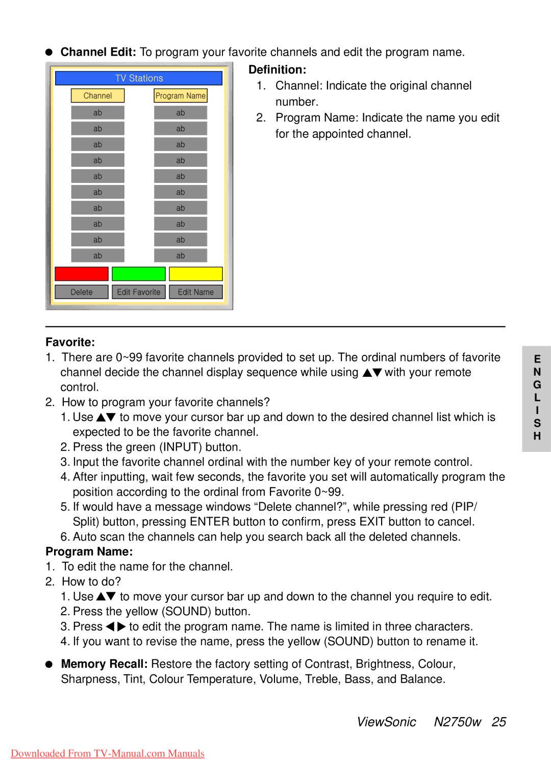 ViewSonic NB2750w manual Definition, Favorite, Program Name 