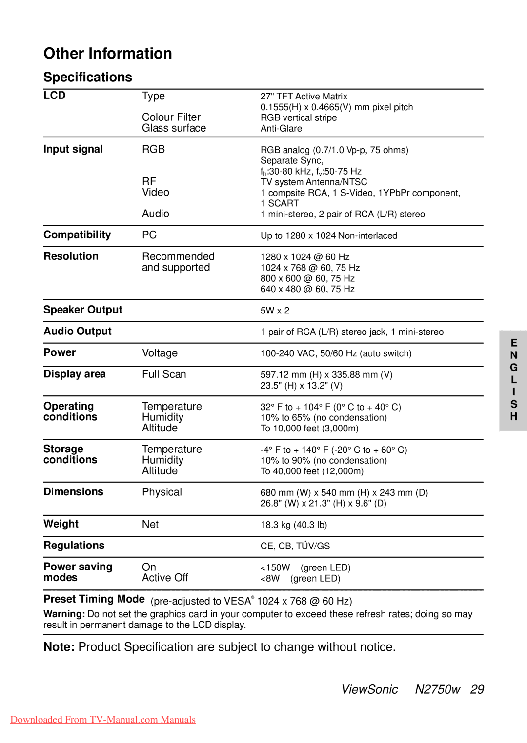 ViewSonic NB2750w manual Specifications, Lcd 