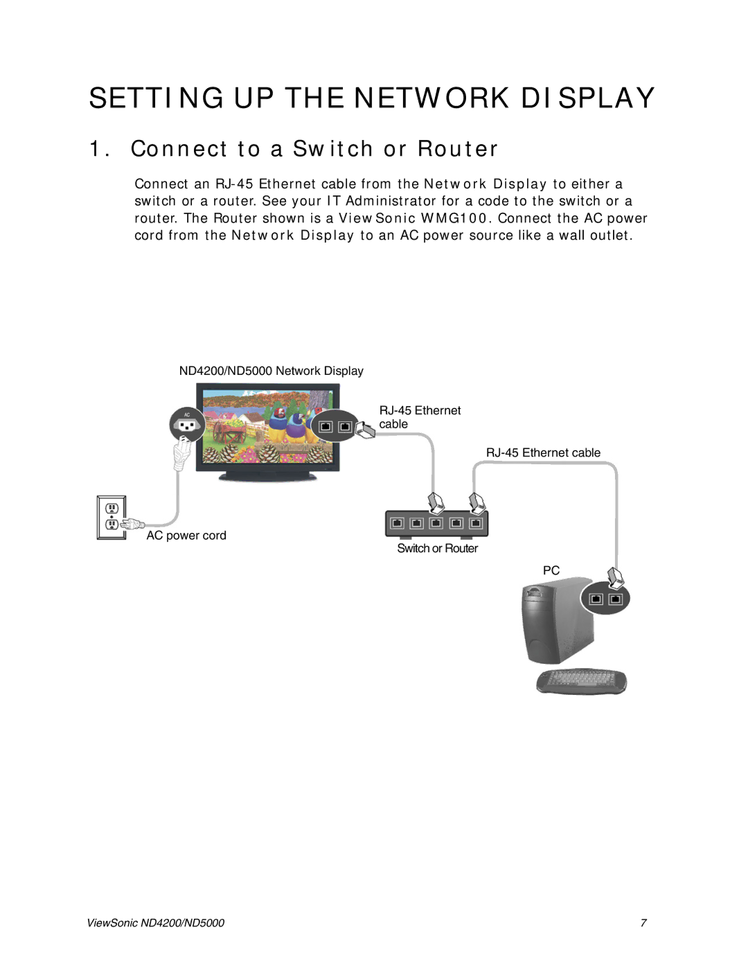 ViewSonic ND5000, ND4200 manual Setting UP the Network Display, Connect to a Switch or Router 