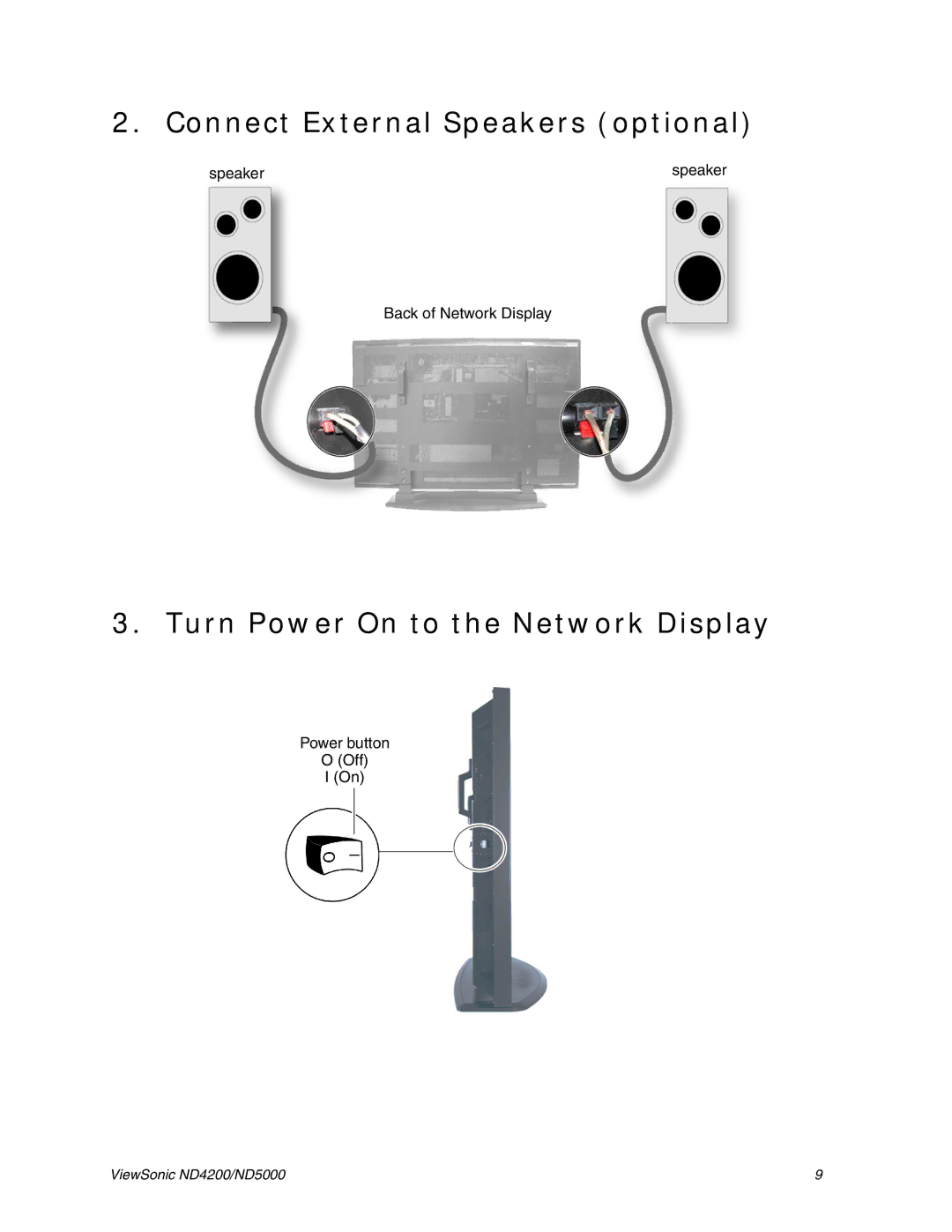 ViewSonic ND5000, ND4200 manual Connect External Speakers optional, Turn Power On to the Network Display 