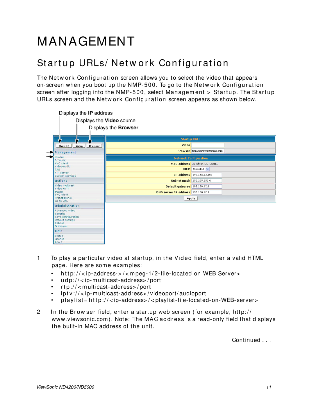 ViewSonic ND5000, ND4200 manual Management, Startup URLs/Network Configuration 