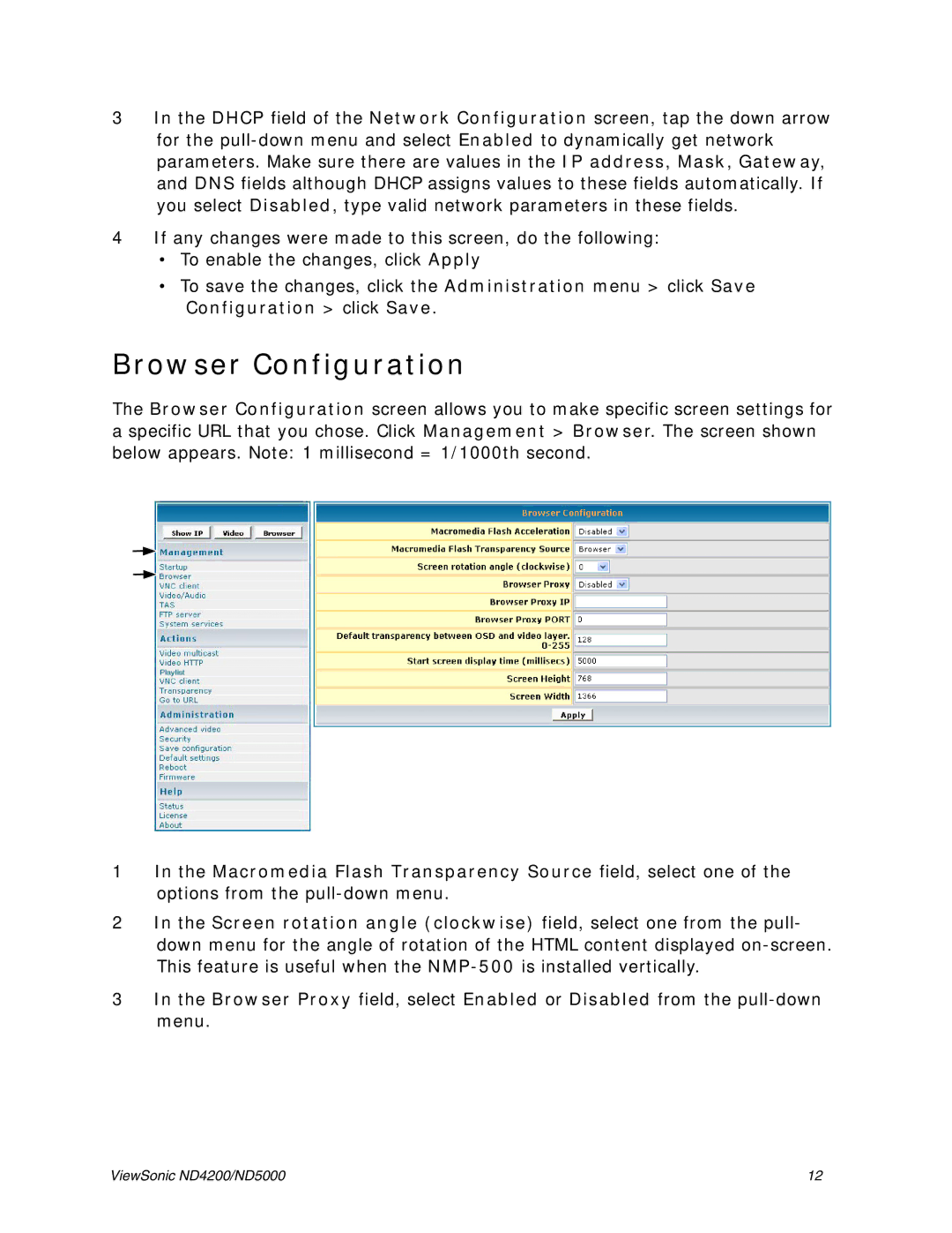 ViewSonic ND4200, ND5000 manual Browser Configuration 