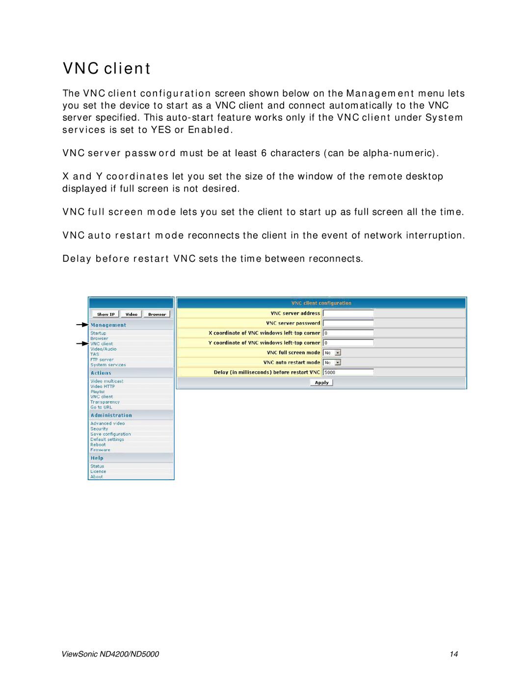 ViewSonic ND4200, ND5000 manual VNC client 
