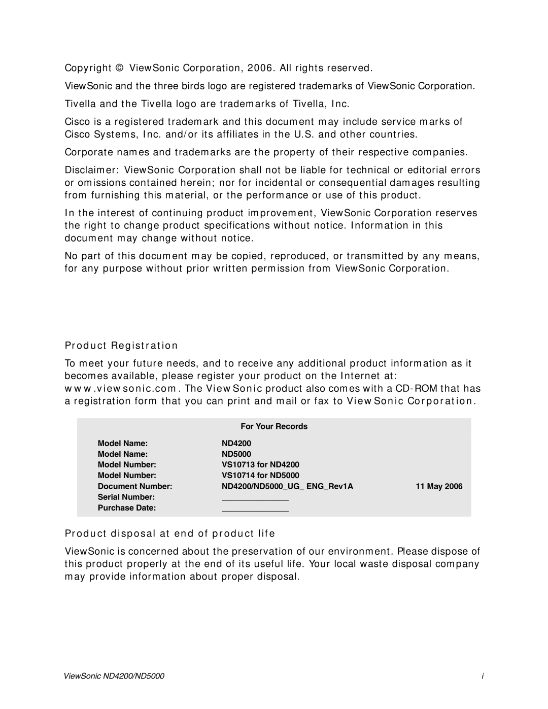 ViewSonic ND4200, ND5000 manual Product Registration 