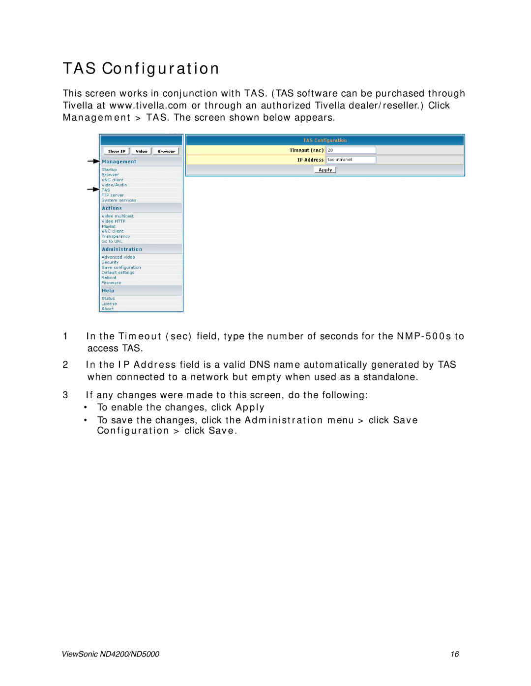 ViewSonic ND4200, ND5000 manual TAS Configuration 