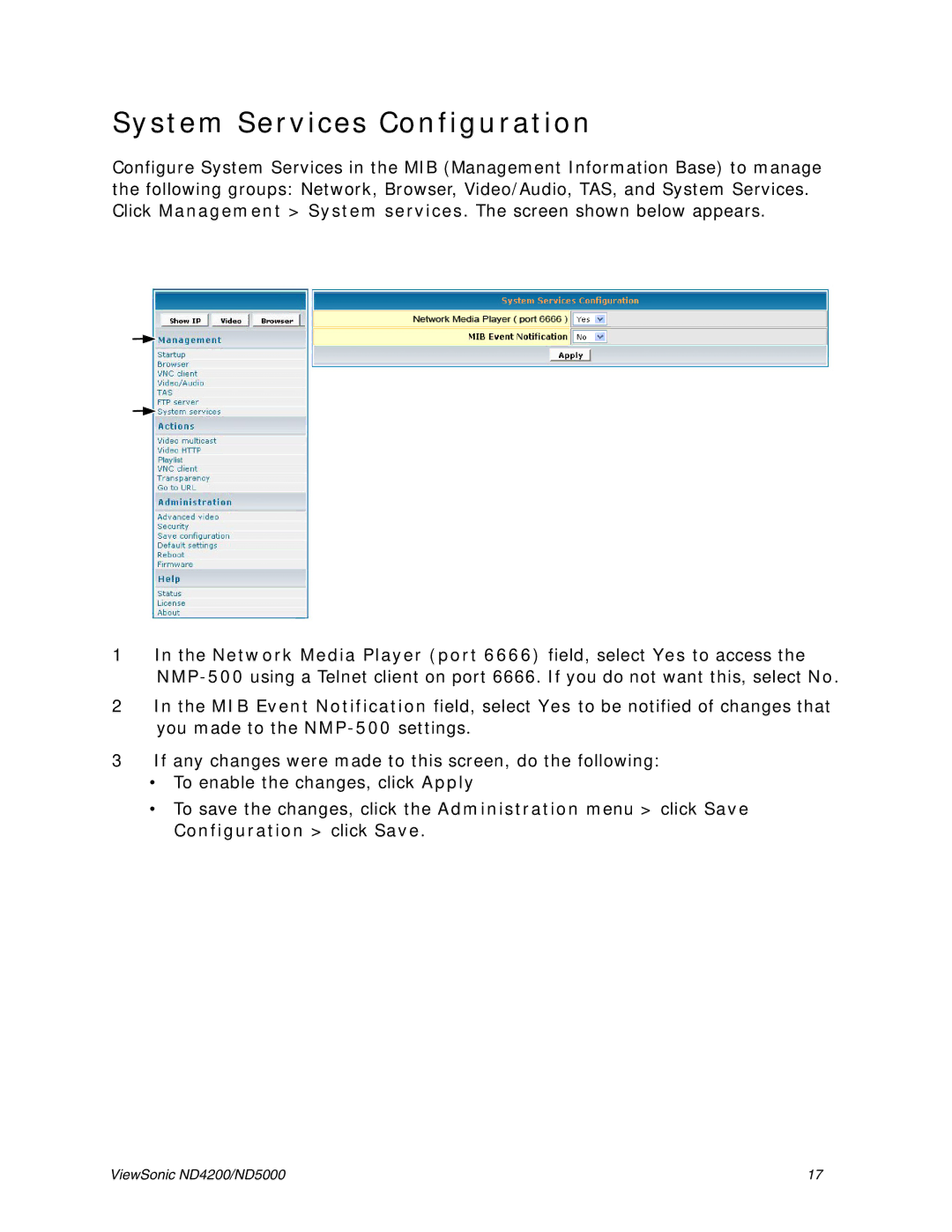 ViewSonic ND5000, ND4200 manual System Services Configuration 