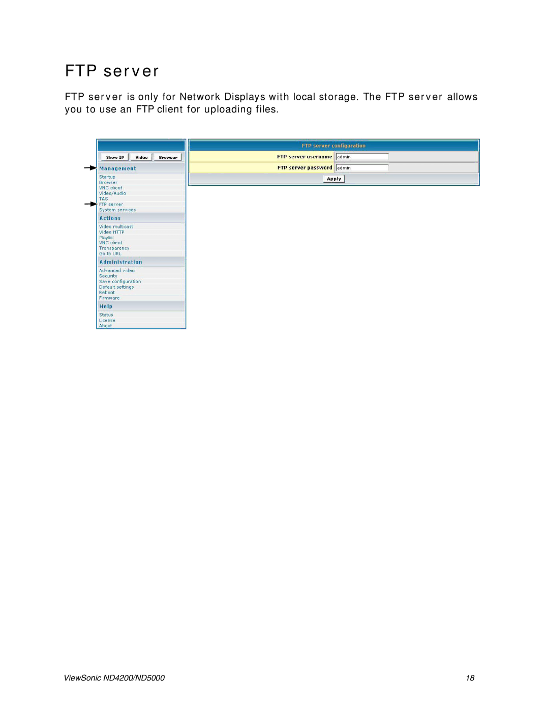 ViewSonic ND4200, ND5000 manual FTP server 