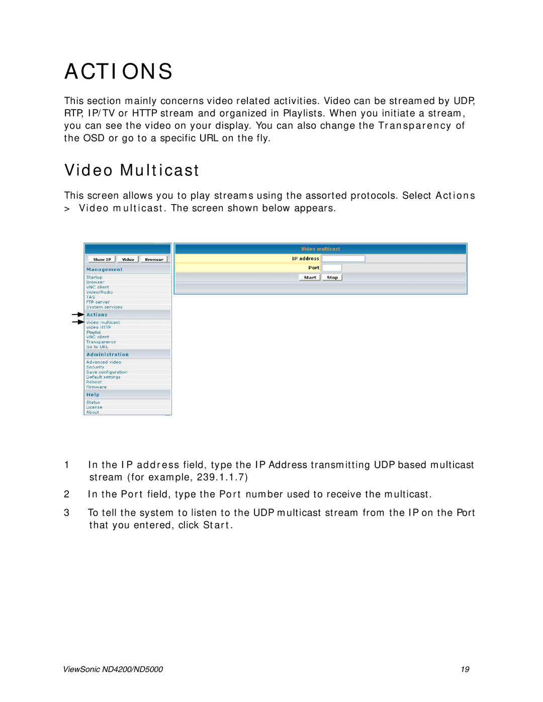 ViewSonic ND5000, ND4200 manual Actions, Video Multicast 