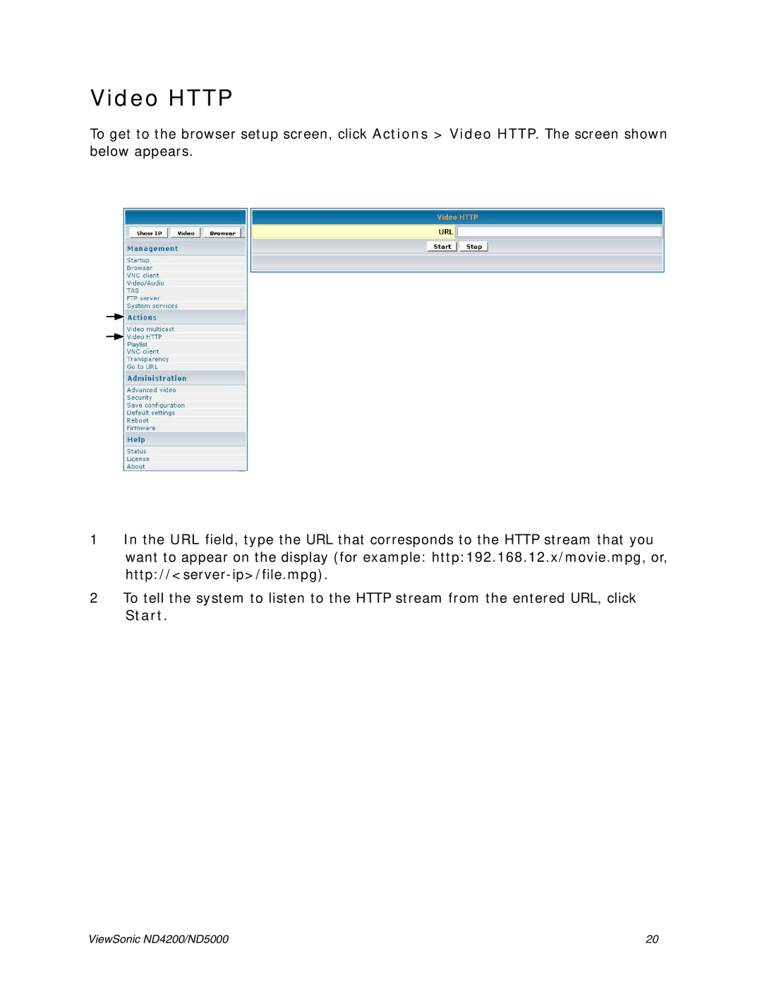 ViewSonic ND4200, ND5000 manual Video Http 