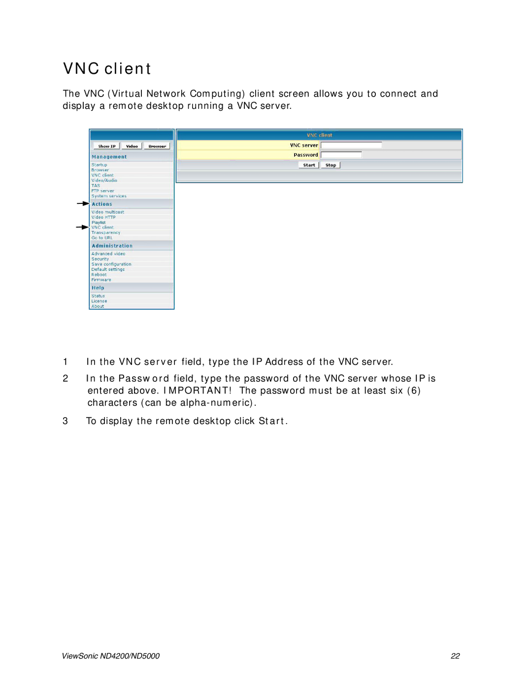 ViewSonic ND4200, ND5000 manual VNC client 