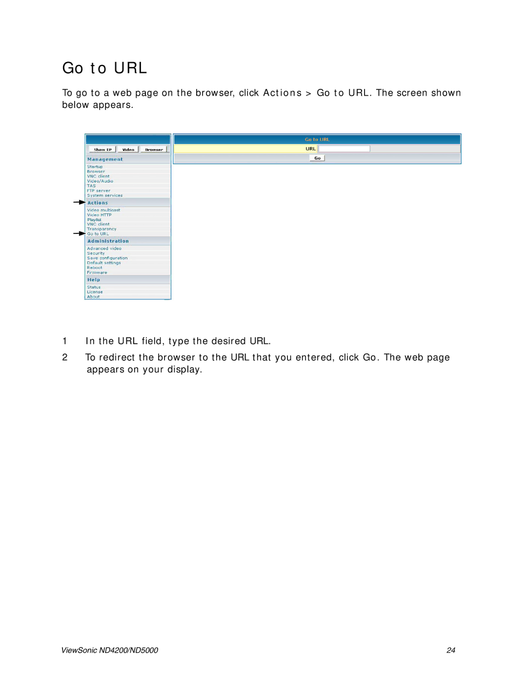 ViewSonic ND4200, ND5000 manual Go to URL 