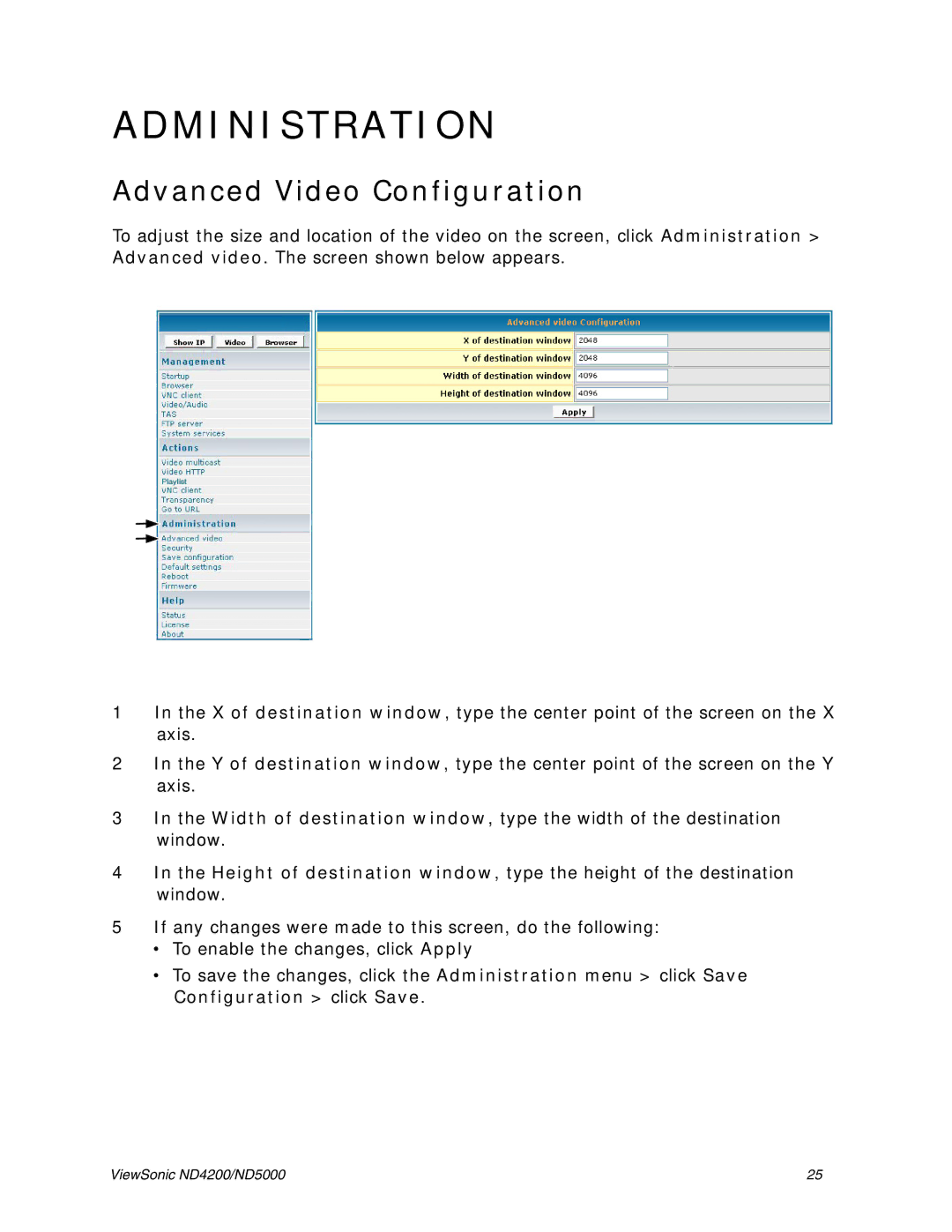 ViewSonic ND5000, ND4200 manual Administration, Advanced Video Configuration 