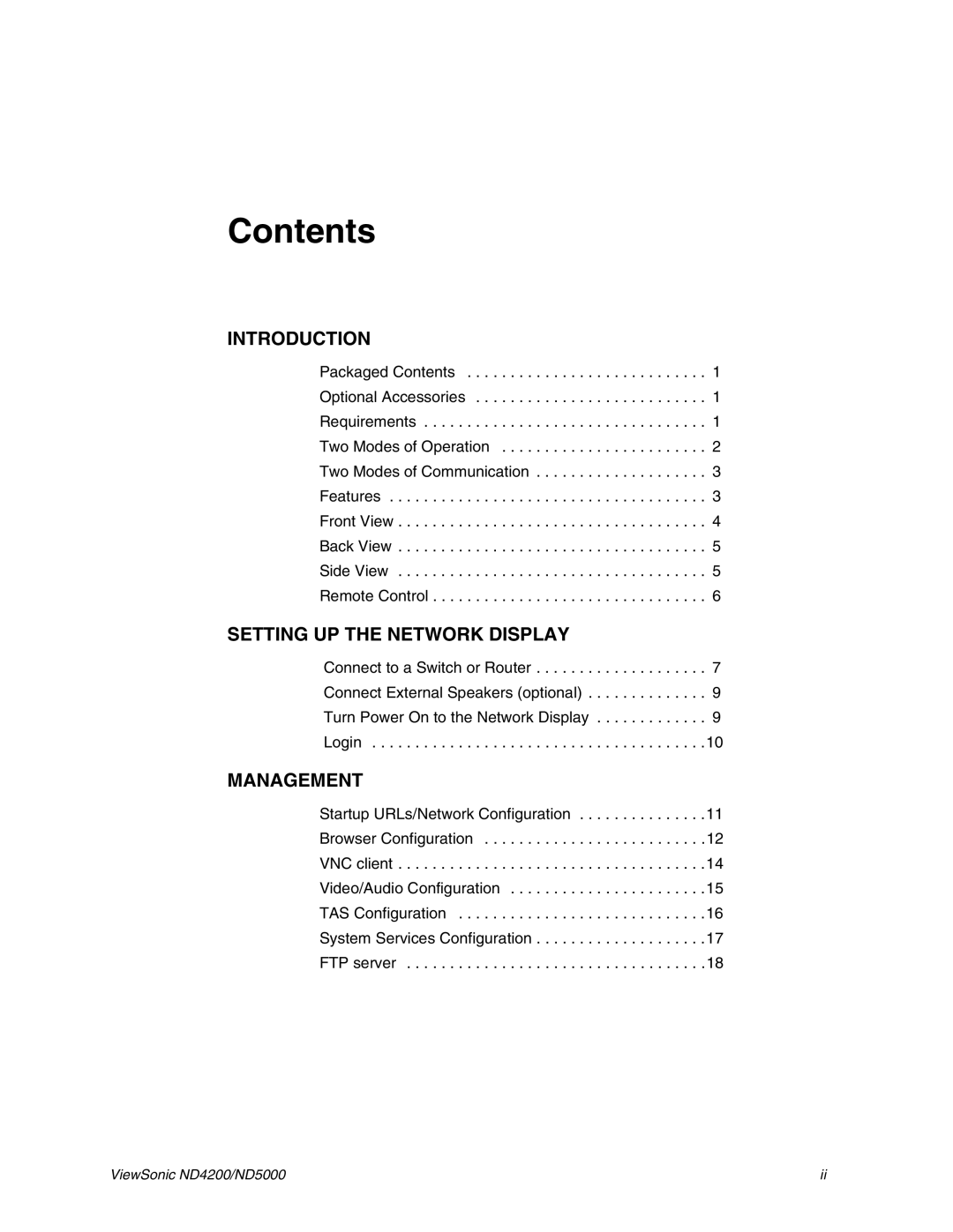 ViewSonic ND5000, ND4200 manual Contents 